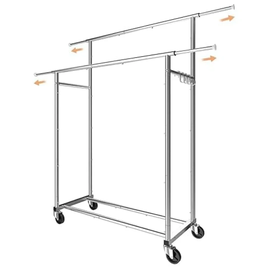 Double Rod Clothing Garment Rack Rolling Clothes Organizer on Wheels for Hanging Clothes with 4 hooks Chrome
Double Rod Clothing Garment Rack Rolling Clothes Organizer on Wheels for Hanging Clothes with 4 hooks Chrome
