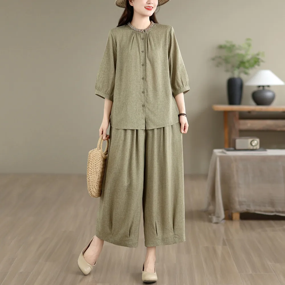 Elegant plus Size Women's Cotton Linen Set Casual Shirt Top And Pants Two Piece Suit Summer New Arrival Comfortable Breathable
Elegant plus Size Women's Cotton Linen Set Casual Shirt Top And Pants Two Piece Suit Summer New Arrival Comfortable Breathable