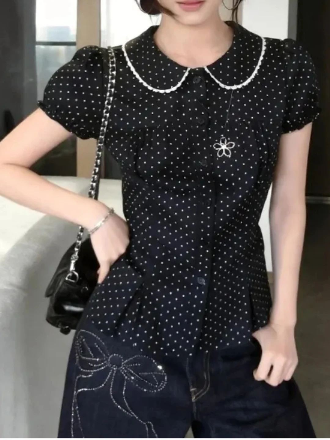 plus Size Women's Black Polka Dot Doll Collar Short Sleeve Shirt Slimming Waist Design Korean Style Breathable Polyester Fiber
plus Size Women's Black Polka Dot Doll Collar Short Sleeve Shirt Slimming Waist Design Korean Style Breathable Polyester Fiber
