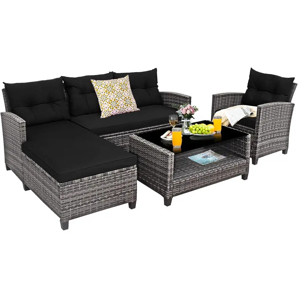 4-Piece Outdoor Rattan Furniture Set with Cushioned Sofa Chairs, Tempered Glass Coffee Table, and Storage for Patio or Garden De
4-Piece Outdoor Rattan Furniture Set with Cushioned Sofa Chairs, Tempered Glass Coffee Table, and Storage for Patio or Garden De