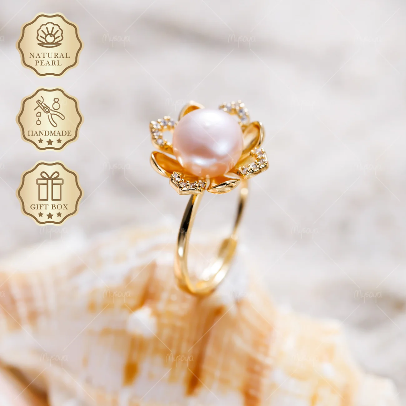 MYSOYA 8-9mm White Freshwater Pearl Open Ring Gold Flower CZ Ring, Gift Box, June Birthstone Jewelry S484
MYSOYA 8-9mm White Freshwater Pearl Open Ring Gold Flower CZ Ring, Gift Box, June Birthstone Jewelry S484