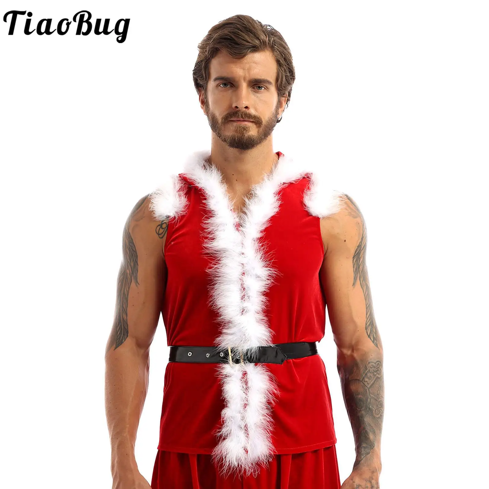 Men Feather Trim Christmas Santa Claus Costume Waistcoat Performance Velvet Hooded Waistcoat Top with Belt Xmas New Party Tops
Men Feather Trim Christmas Santa Claus Costume Waistcoat Performance Velvet Hooded Waistcoat Top with Belt Xmas New Party Tops