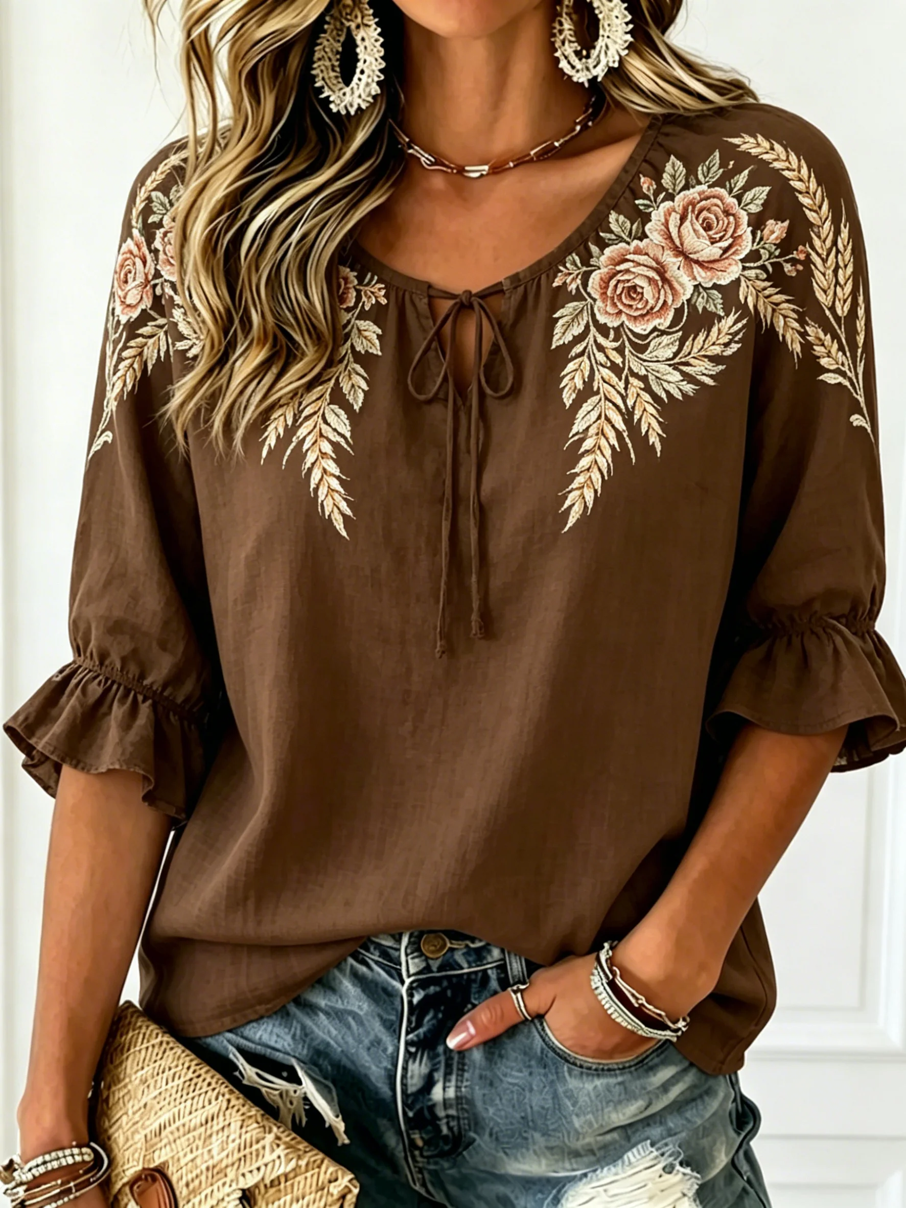 Women's Tie Keyhole Neck Blouse, Solid Brown Shoulder Rose Wheat Embroidery Decor, Loose Fit for Spring Summer Daily Outfits
Women's Tie Keyhole Neck Blouse, Solid Brown Shoulder Rose Wheat Embroidery Decor, Loose Fit for Spring Summer Daily Outfits