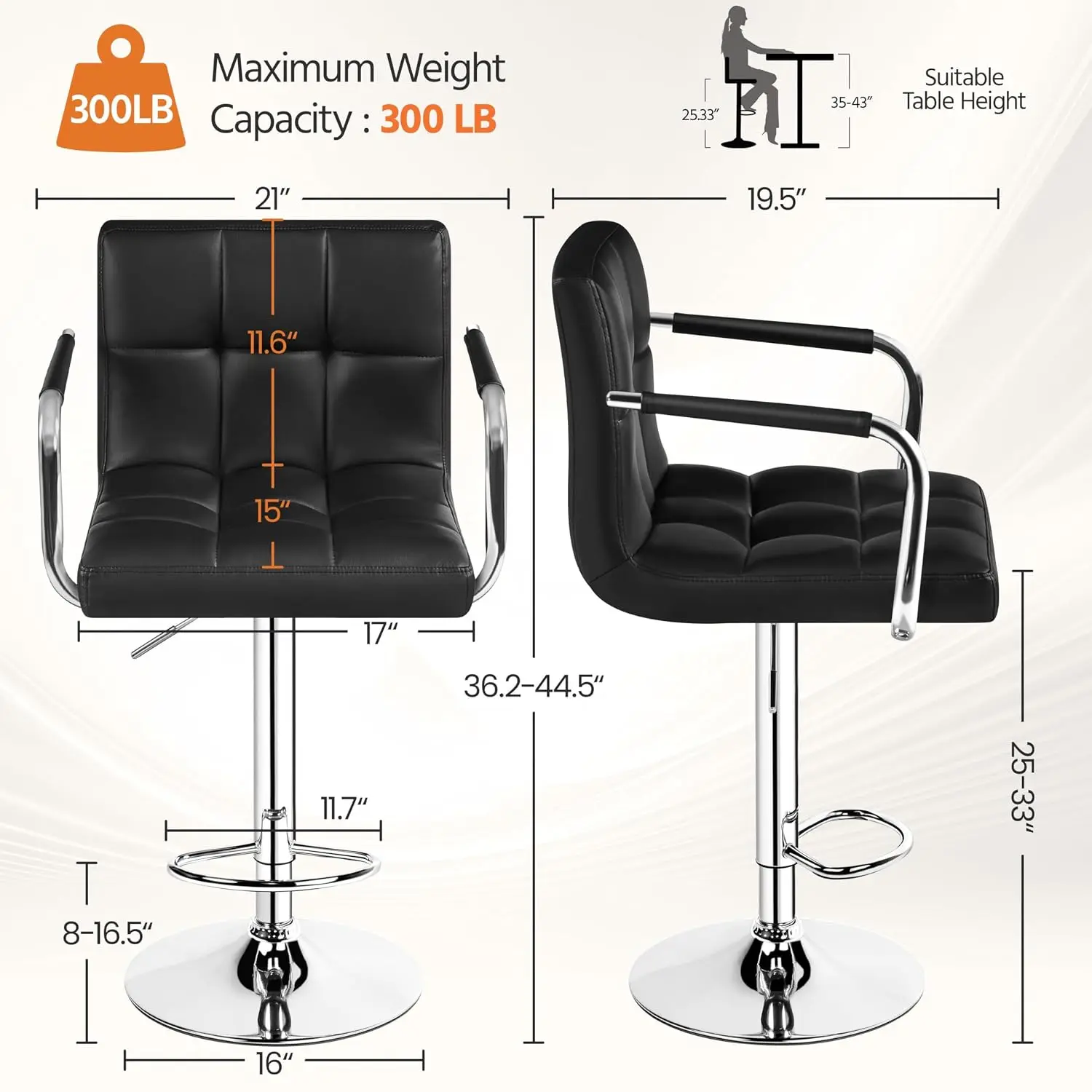Bar Stools Set of 2, PU Leather Height Adjustable Swivel Barstools, Hydraulic Kitchen Counter Height Bar Chairs, Customized
Bar Stools Set of 2, PU Leather Height Adjustable Swivel Barstools, Hydraulic Kitchen Counter Height Bar Chairs, Customized