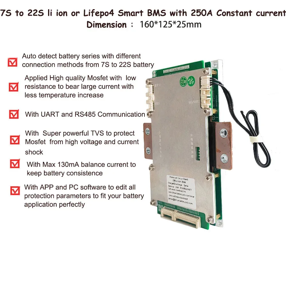 200A 24V 7S 8S 36V 10S Smart BMS 12S 13S 14S 15S 16S 17S 20S 22S li ion or Lifepo4 Battery 48v 60v 72V blueooth BMS with 250A
200A 24V 7S 8S 36V 10S Smart BMS 12S 13S 14S 15S 16S 17S 20S 22S li ion or Lifepo4 Battery 48v 60v 72V blueooth BMS with 250A