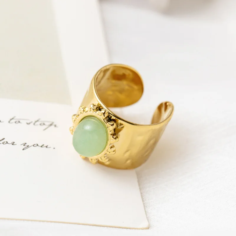 Hypoallergenic 18K Gold Plated Stainless Steel Open Cuff Jade Green Natural Stone Chunky Waterproof Aventurine Ring for Women
Hypoallergenic 18K Gold Plated Stainless Steel Open Cuff Jade Green Natural Stone Chunky Waterproof Aventurine Ring for Women