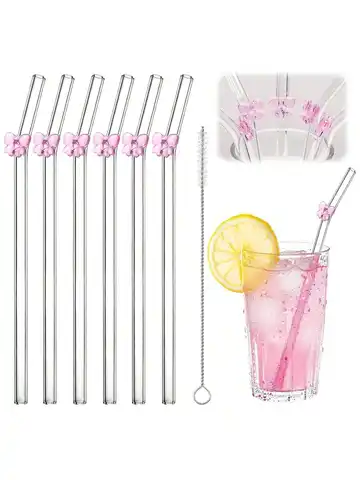 7PCS Reusable bow Glass Straws, Cute Bow Glass Straw with Cleaning Brush for Coffee Lover, Smoothies, Frozen Drinks, Tea, Juice