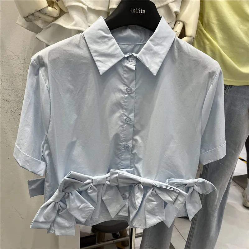 Sweet Knot Ruffle Short Sleeve Women's Shirt Summer New Korean Loose Versatile Short Top Cotton Polyester Blend
Sweet Knot Ruffle Short Sleeve Women's Shirt Summer New Korean Loose Versatile Short Top Cotton Polyester Blend