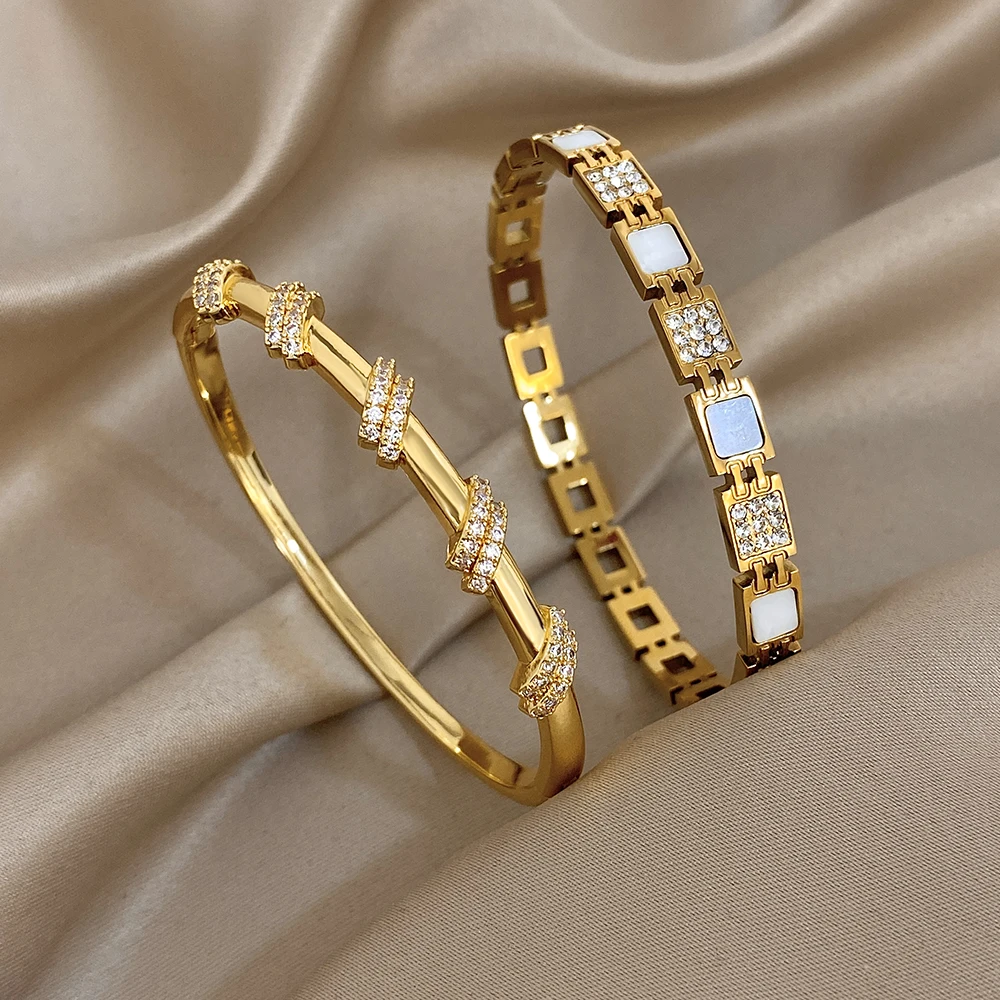 Freetry Elegant Zircon Stainless Steel Cuff Bracelet Women Simple Geometric Twisted Gold Plated Spring Bangle Waterproof Jewelry
Freetry Elegant Zircon Stainless Steel Cuff Bracelet Women Simple Geometric Twisted Gold Plated Spring Bangle Waterproof Jewelry