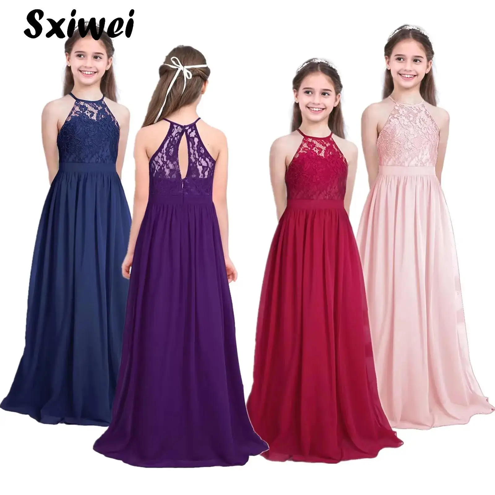 Kids Girls Floral Lace Maxi Dress Halter Sleeveless Bridesmaid Birthday Wedding Party Formal Chiffon Dress for Elegant Princess
Kids Girls Floral Lace Maxi Dress Halter Sleeveless Bridesmaid Birthday Wedding Party Formal Chiffon Dress for Elegant Princess