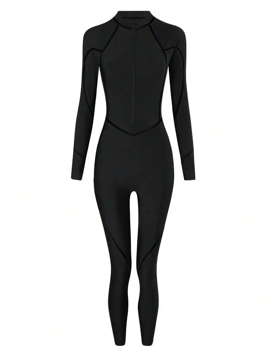 Solid Black Long Sleeve Zipper One Piece Swimsuit Slim Fit Sports Style
Solid Black Long Sleeve Zipper One Piece Swimsuit Slim Fit Sports Style