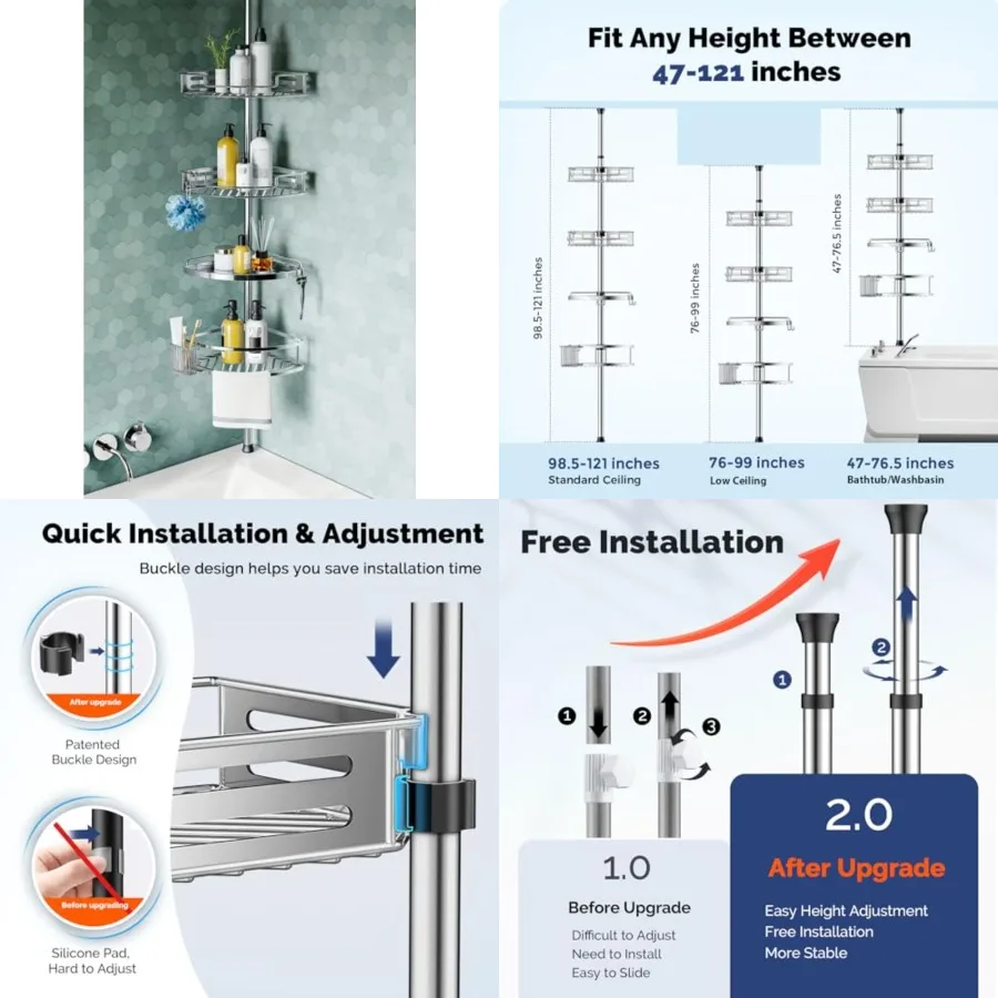 Corner Shower Caddy Tension Pole: Quick Installation 4-Tier Rustproof Bathroom Organizer Shelves for Bathtub Shampoo Storage -
Corner Shower Caddy Tension Pole: Quick Installation 4-Tier Rustproof Bathroom Organizer Shelves for Bathtub Shampoo Storage -