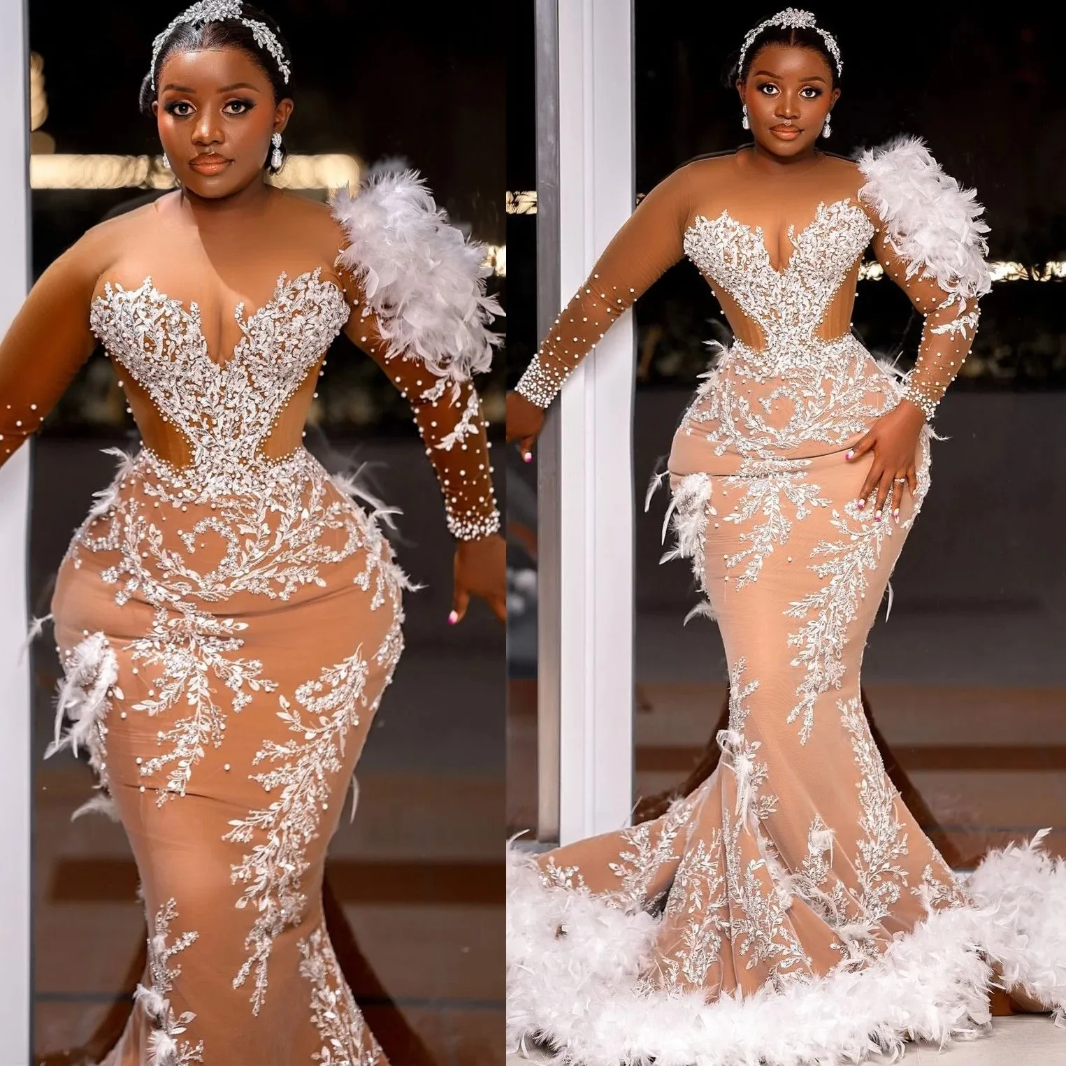 Customized Plus Size White Illusion Mermaid Wedding Dresses Floral Lace Pearls Feather Bridal Gowns Dress
Customized Plus Size White Illusion Mermaid Wedding Dresses Floral Lace Pearls Feather Bridal Gowns Dress