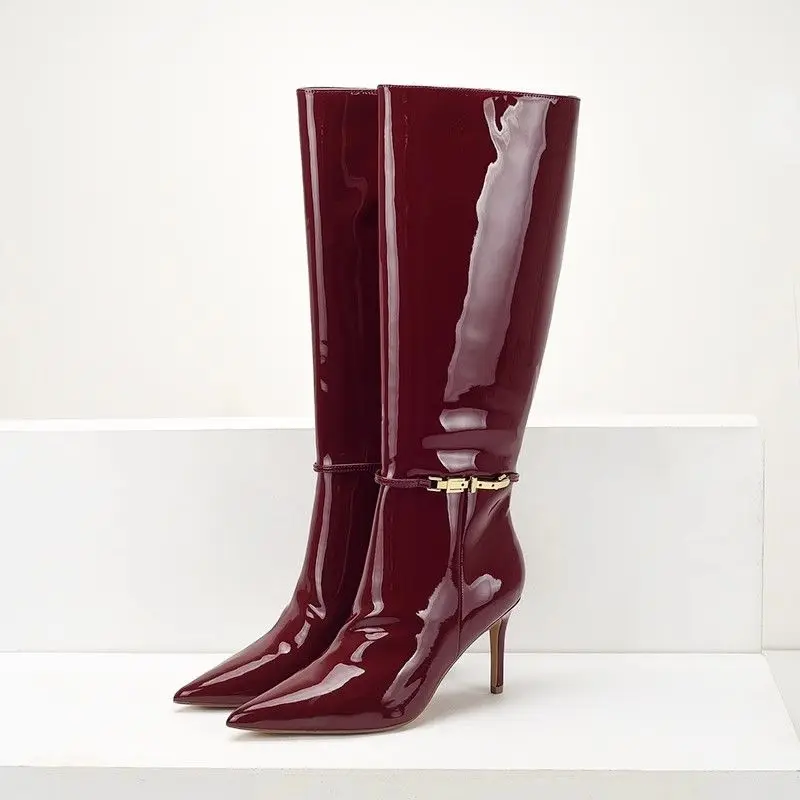 Original Designer Brand Wine Red Patent Leather Belt Buckle Pointed High-heeled High-top Boots for Women
Original Designer Brand Wine Red Patent Leather Belt Buckle Pointed High-heeled High-top Boots for Women