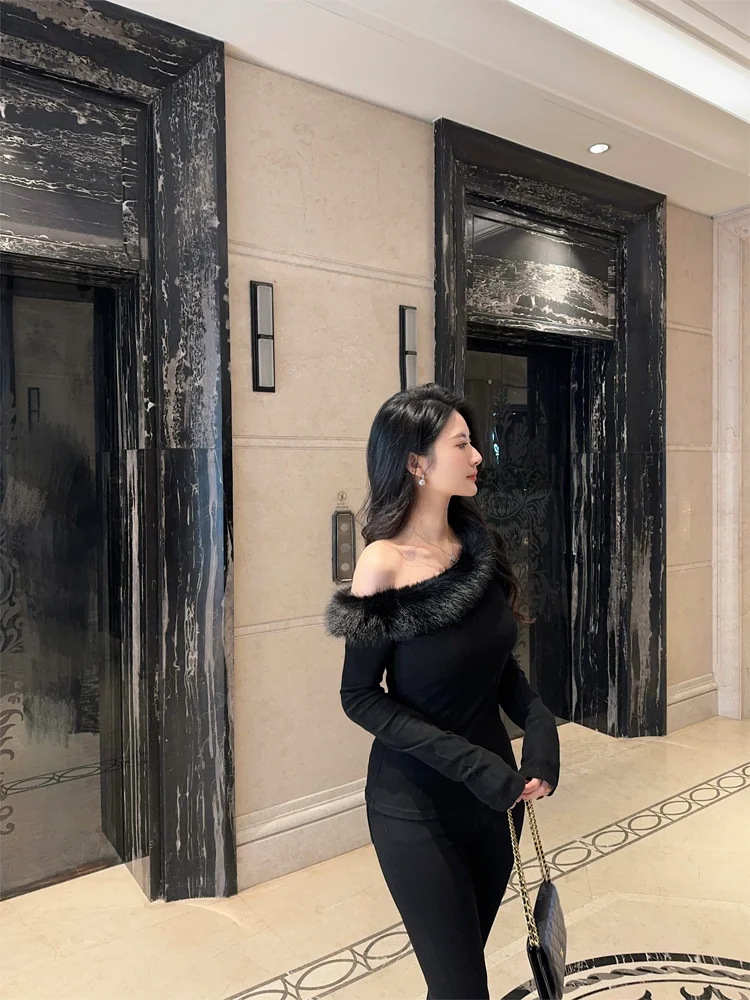 Slim Fit Knitted Long Sve Top Women's Pure Desire Elastic oulder Bared Inner Wear Base irt Mmm Collection Faux Fur Collar
Slim Fit Knitted Long Sve Top Women's Pure Desire Elastic oulder Bared Inner Wear Base irt Mmm Collection Faux Fur Collar