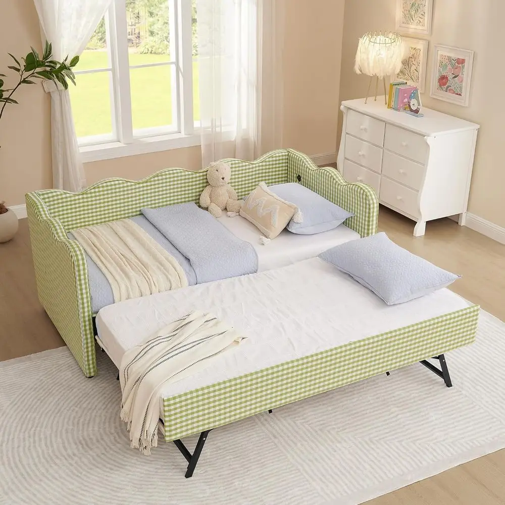 Twin Size Daybed with Trundle, USB Ports, Upholstered in Sage Green for Small Spaces
Twin Size Daybed with Trundle, USB Ports, Upholstered in Sage Green for Small Spaces