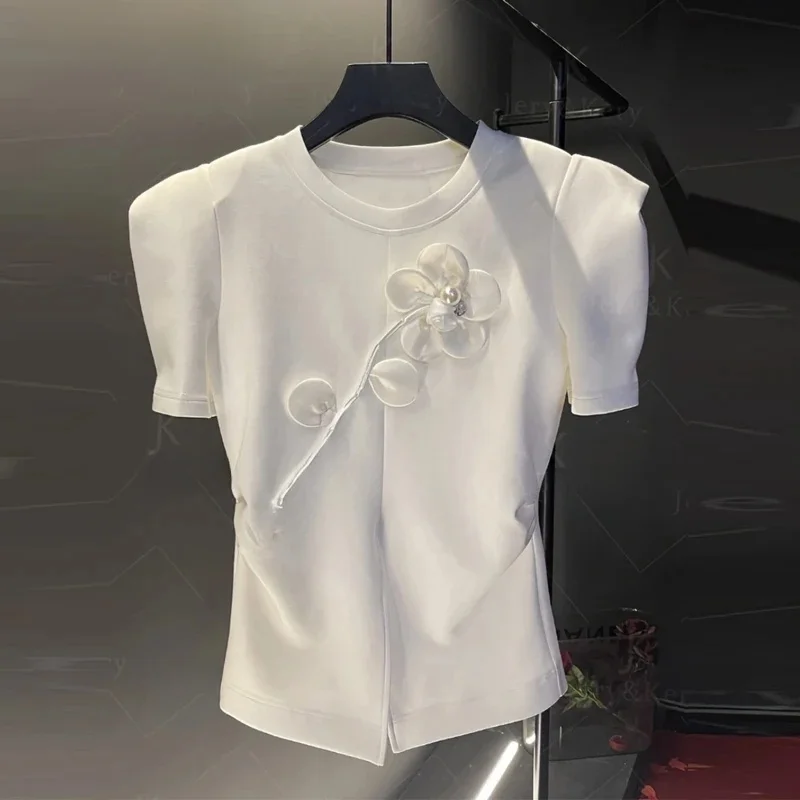 Clothes for Women 2024 New Summer Elegant Chic White 3D Flower Beaded Design T-shirt Fashion O Neck Short Sleeve Slim Split Tops
Clothes for Women 2024 New Summer Elegant Chic White 3D Flower Beaded Design T-shirt Fashion O Neck Short Sleeve Slim Split Tops