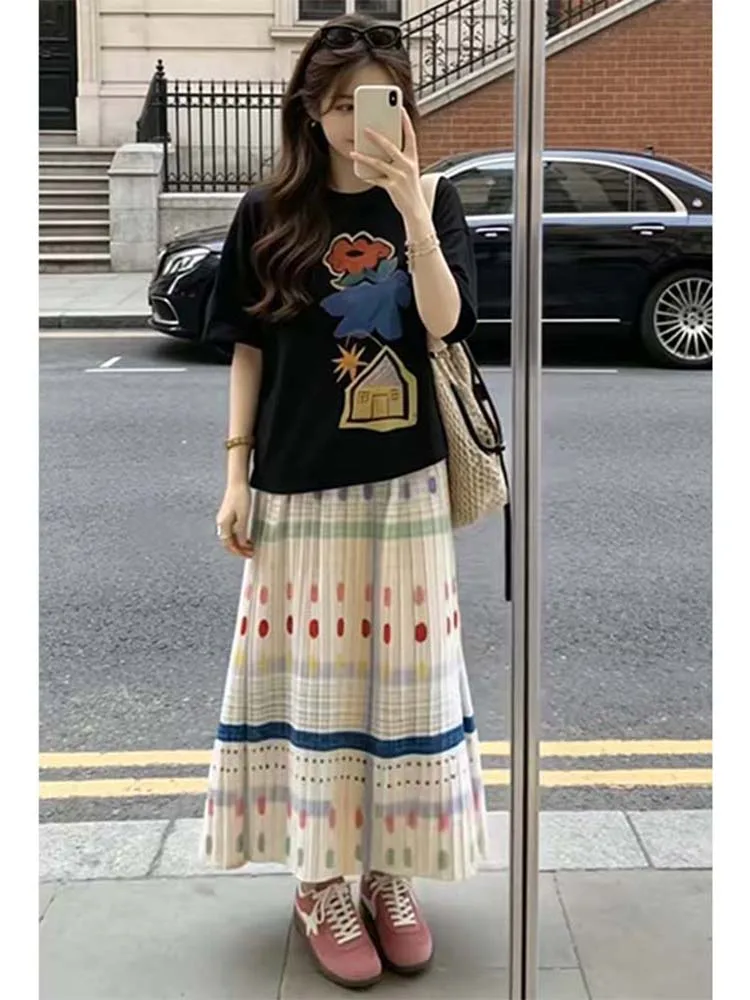 Korean Sweet Anti-Aging Summer New Fun Print Short Sleeve Half Skirt Set Women's Fashionable Casual Style High Waist Midi Skirt
Korean Sweet Anti-Aging Summer New Fun Print Short Sleeve Half Skirt Set Women's Fashionable Casual Style High Waist Midi Skirt