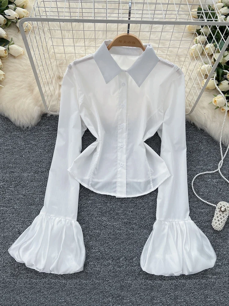Spring Autumn Solid Color Polo Collar Shirt Women's European American Style New Splicing Horn Sleeve Short Simple Blouse C127
Spring Autumn Solid Color Polo Collar Shirt Women's European American Style New Splicing Horn Sleeve Short Simple Blouse C127