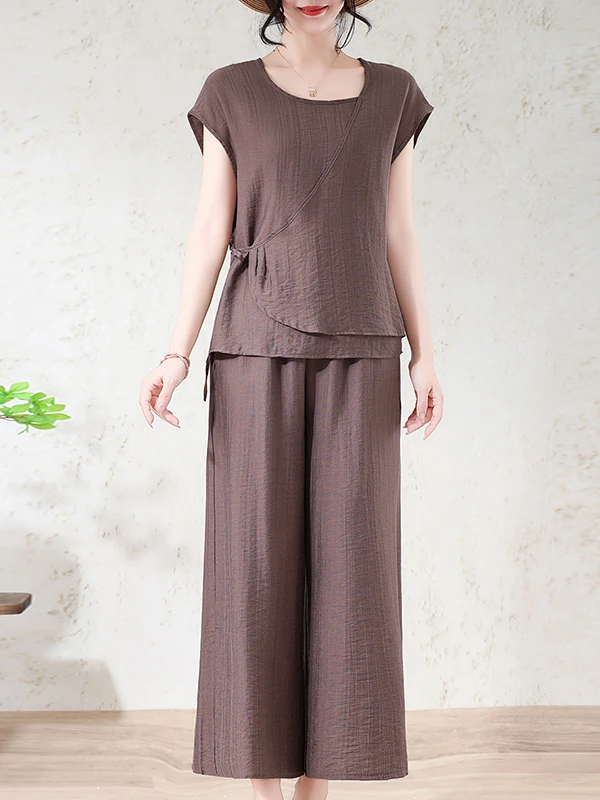 New Simple Style Short Sleeve Cotton Linen Wide Leg Pants Women's Summer Fashionable Two Piece Set Loose Fit Long Pants
New Simple Style Short Sleeve Cotton Linen Wide Leg Pants Women's Summer Fashionable Two Piece Set Loose Fit Long Pants