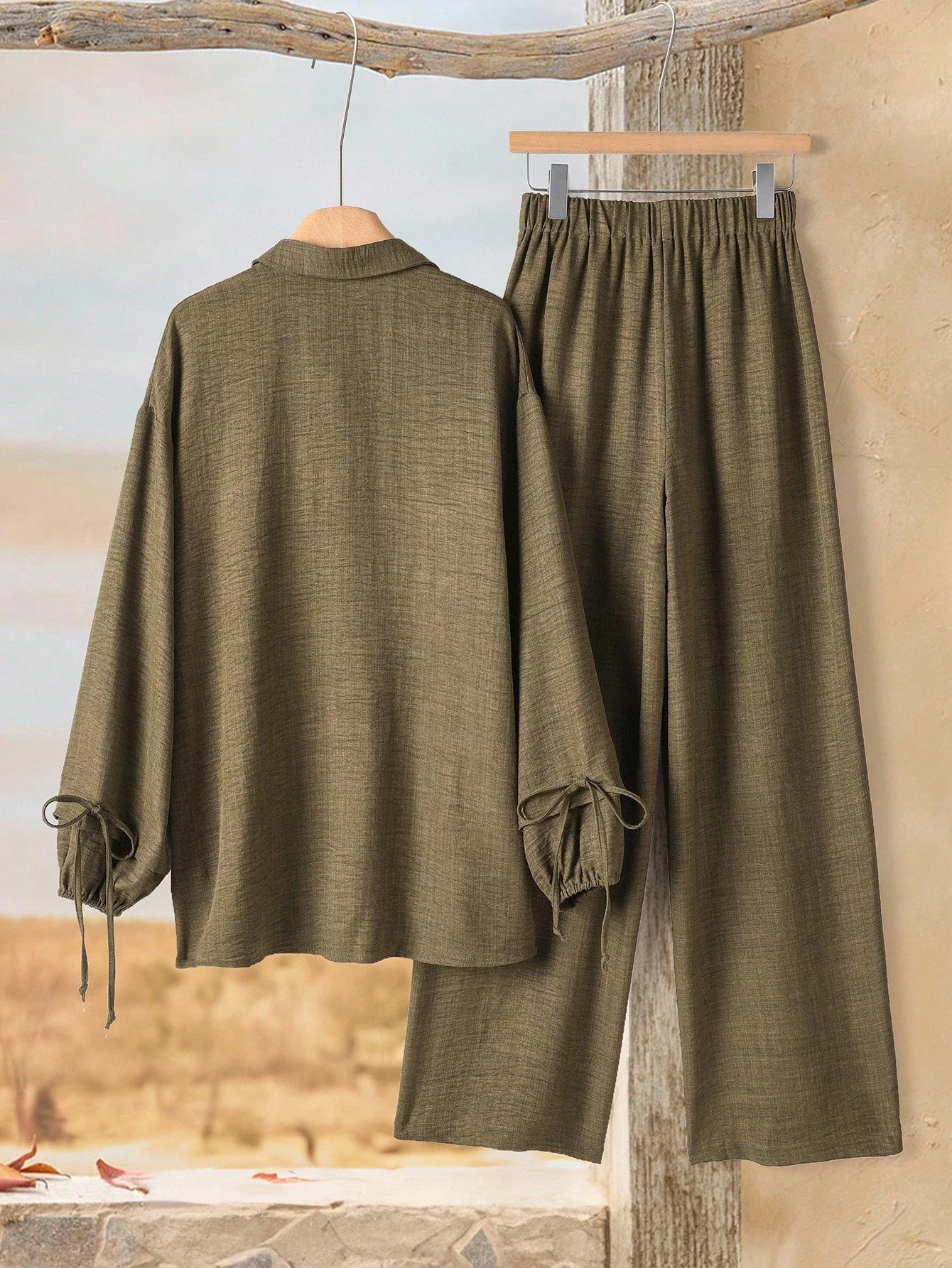Olive Green Solid Color Long Sleeve Button-Up Shirt And Wide Leg Pants 2 Piece Set Casual Outfit
Olive Green Solid Color Long Sleeve Button-Up Shirt And Wide Leg Pants 2 Piece Set Casual Outfit