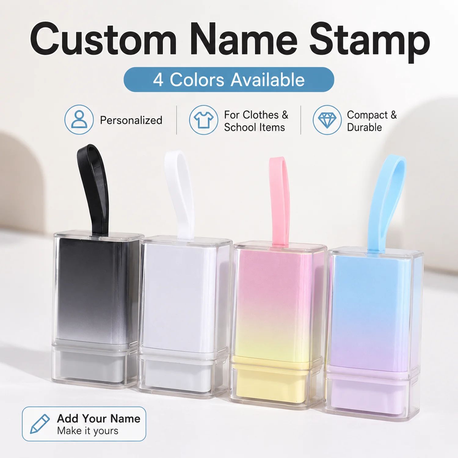 Gradient Custom Name Stamp – Stamp for School office Items, Waterproof Personalized Name Stamper, 4 Colors Available
Gradient Custom Name Stamp – Stamp for School office Items, Waterproof Personalized Name Stamper, 4 Colors Available