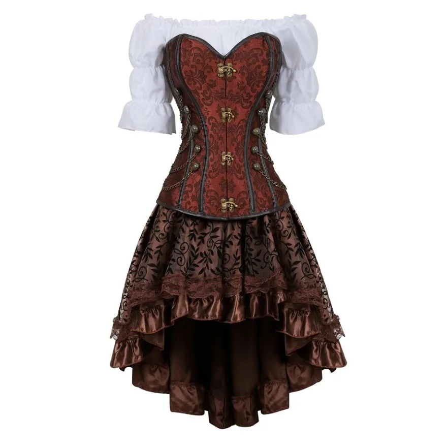 Three-Pieces Set Steampunk Corset Dress Leather Overbust Corset For Women Renaissance Blouse With Gothic Skirt Pirate Costume
Three-Pieces Set Steampunk Corset Dress Leather Overbust Corset For Women Renaissance Blouse With Gothic Skirt Pirate Costume