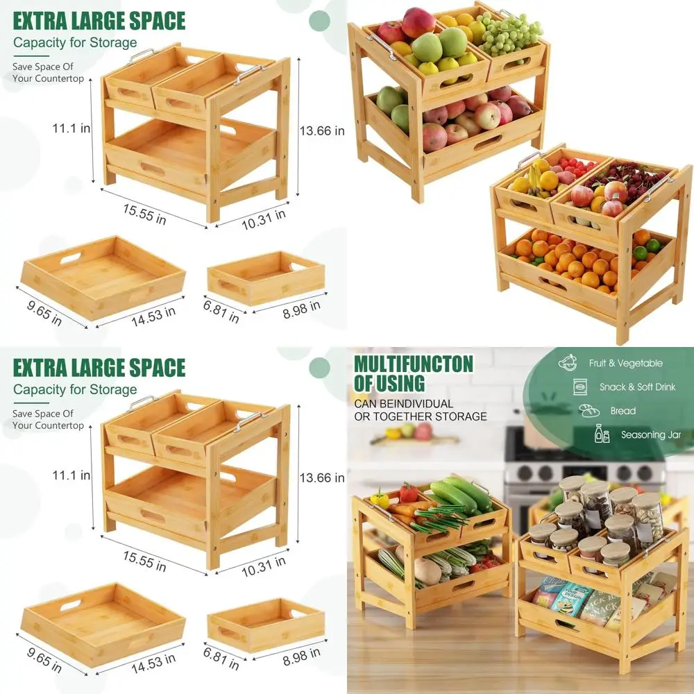 Dual-Tier Bamboo Fruit Stand for Kitchen - Holds Fruits, Bread, Vegetables - 2-Piece Set for Home Storage and Display
Dual-Tier Bamboo Fruit Stand for Kitchen - Holds Fruits, Bread, Vegetables - 2-Piece Set for Home Storage and Display
