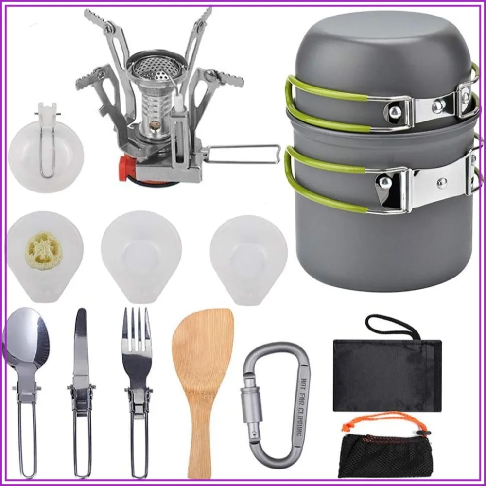 Camping Cookware Mess Kit, Portable Stove Pots and Pans Set with Carabiner, Folding Knife, Fork Spoon, Mesh Bag for Backpacking
Camping Cookware Mess Kit, Portable Stove Pots and Pans Set with Carabiner, Folding Knife, Fork Spoon, Mesh Bag for Backpacking