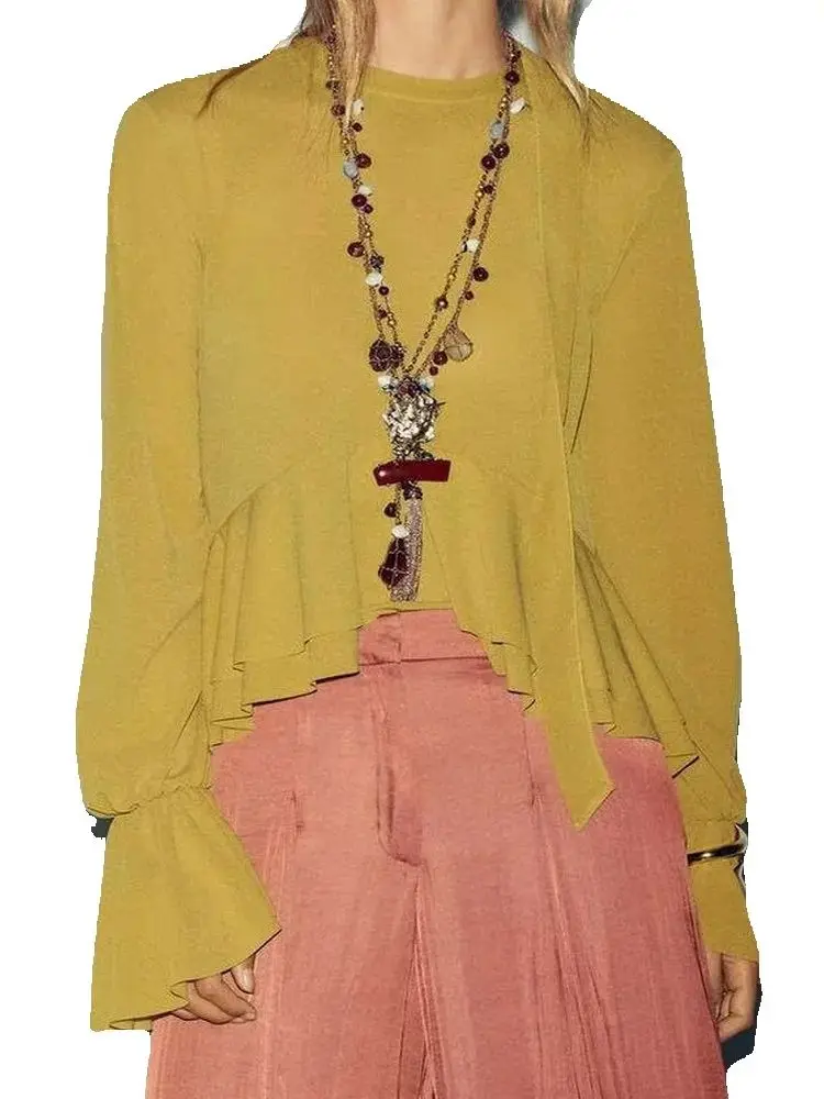 2025 Women's Elegant Yellow Lace Up Back Bow Ruffled Pleated Pullover Blouse Lady Vintage O-Neck Long Sleeve Loose Chic T Shirts
2025 Women's Elegant Yellow Lace Up Back Bow Ruffled Pleated Pullover Blouse Lady Vintage O-Neck Long Sleeve Loose Chic T Shirts