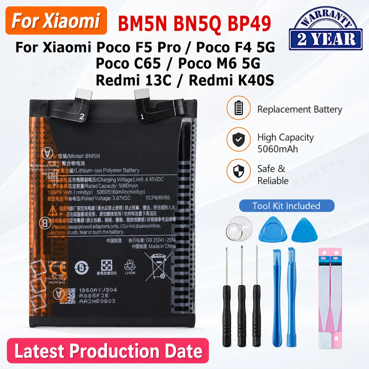 High Quality Battery For Xiaomi POCO F5 Pro C65 M6 5G / Redmi 13C F4 5G K40S Replacement with Tool Kit
High Quality Battery For Xiaomi POCO F5 Pro C65 M6 5G / Redmi 13C F4 5G K40S Replacement with Tool Kit