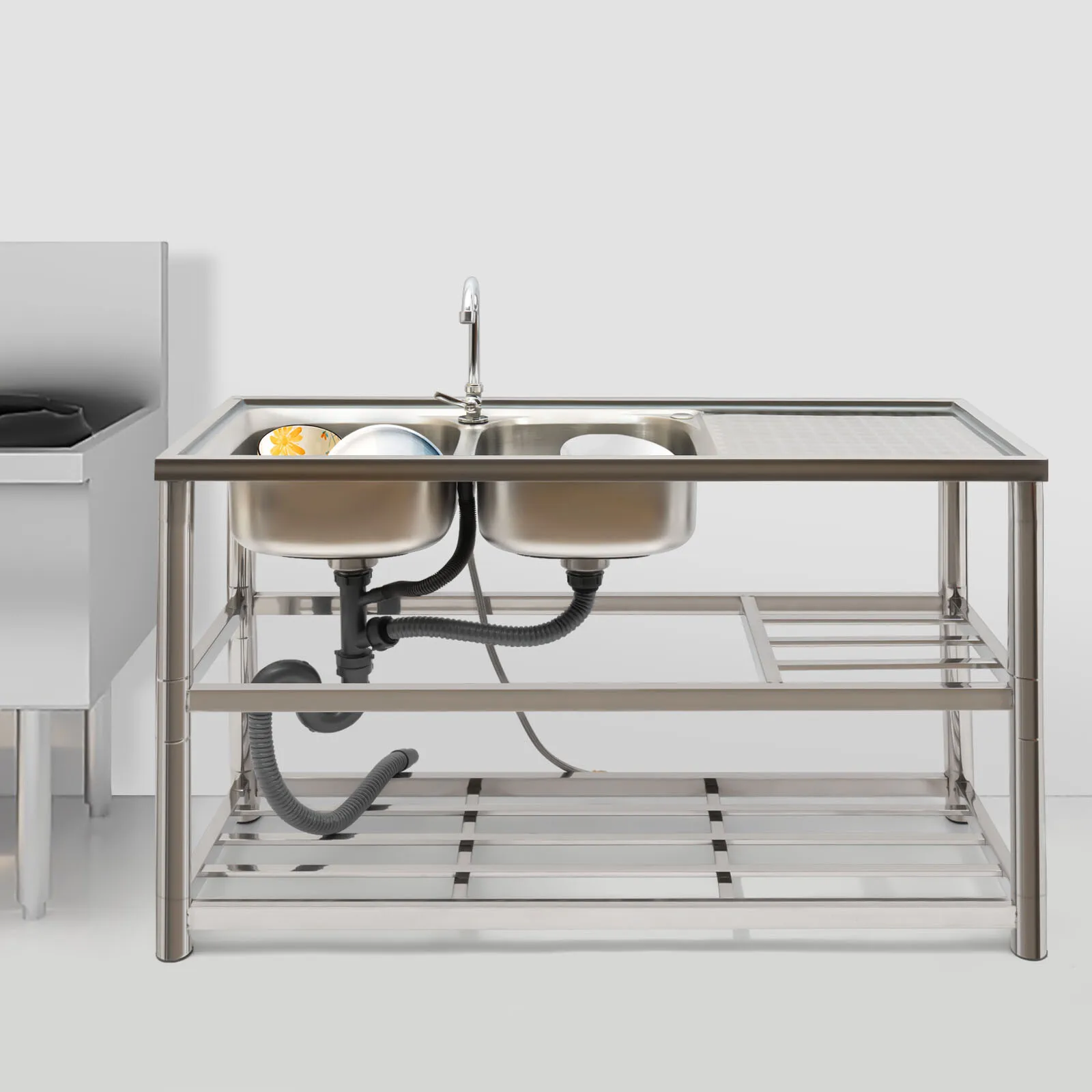 Free Standing Stainless-Steel Double Bowl Kitchen Sink Set W/Faucet & Drainboard,w/Workbench & Double Storage Shelves
Free Standing Stainless-Steel Double Bowl Kitchen Sink Set W/Faucet & Drainboard,w/Workbench & Double Storage Shelves