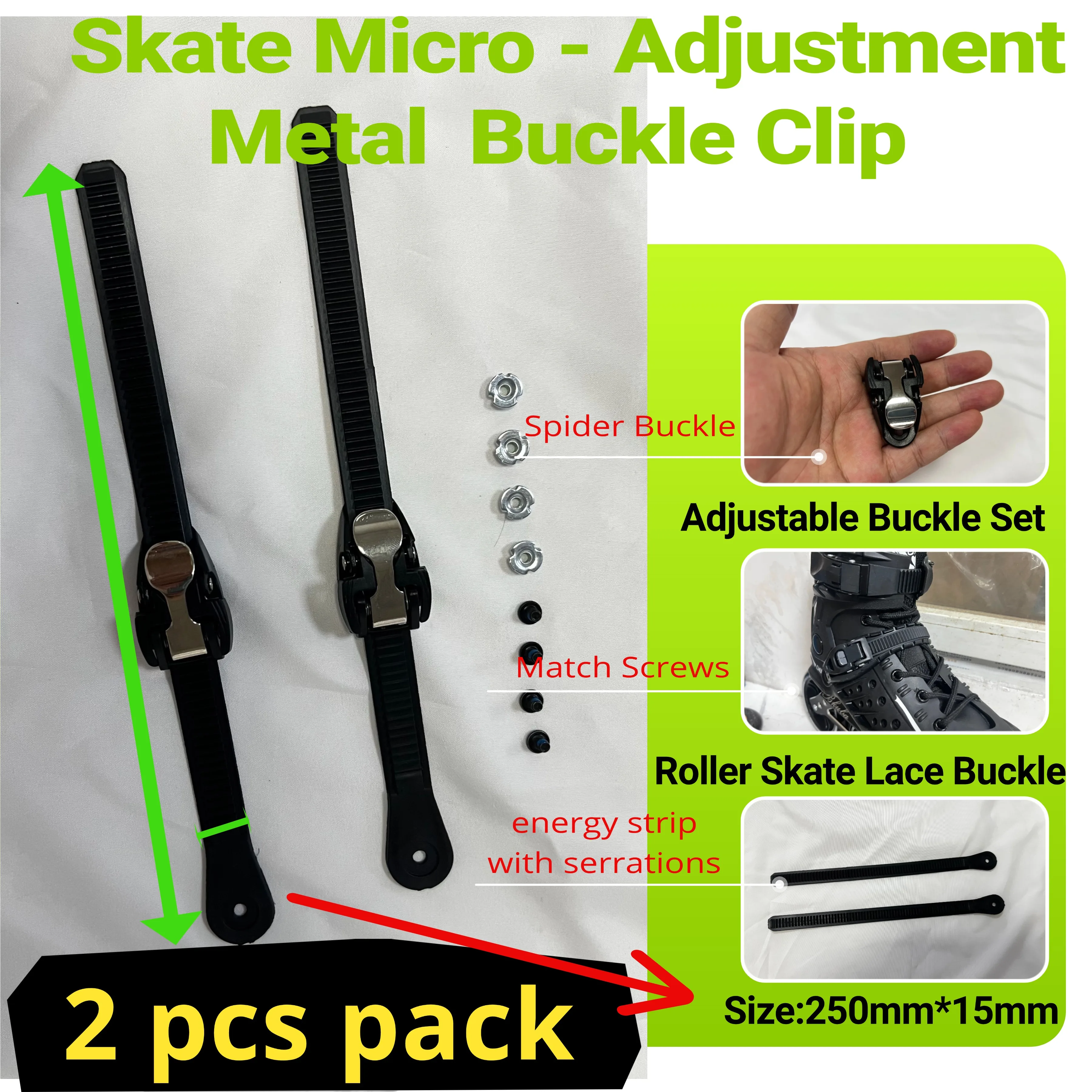 2-piece universal roller skate accessories: serrated 250mm strips, micro-adjustment clips, spider/metal/white plastic buckles
2-piece universal roller skate accessories: serrated 250mm strips, micro-adjustment clips, spider/metal/white plastic buckles