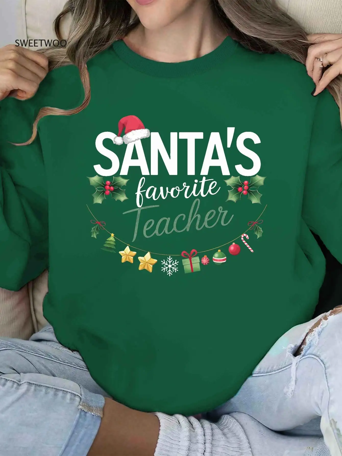 Women's Christmas Themed Crew Neck Sweatshirt, Casual, with Santa's Favorite Teacher Graphic, for Fall/winter
Women's Christmas Themed Crew Neck Sweatshirt, Casual, with Santa's Favorite Teacher Graphic, for Fall/winter