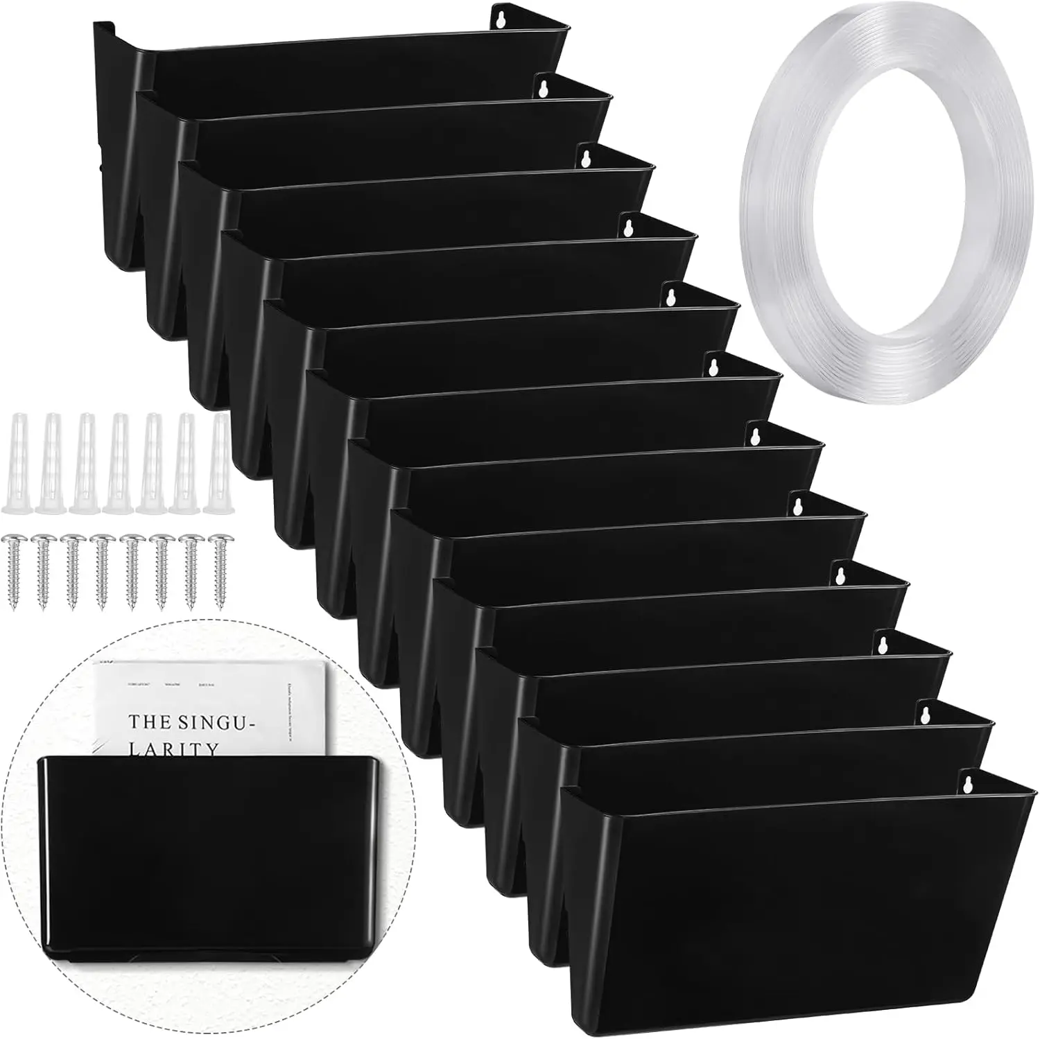 12 Pack Wall Mount File Holders, Plastic Single Pocket with Adhesive Tape and Screws, for Office Home Classroom Black
12 Pack Wall Mount File Holders, Plastic Single Pocket with Adhesive Tape and Screws, for Office Home Classroom Black