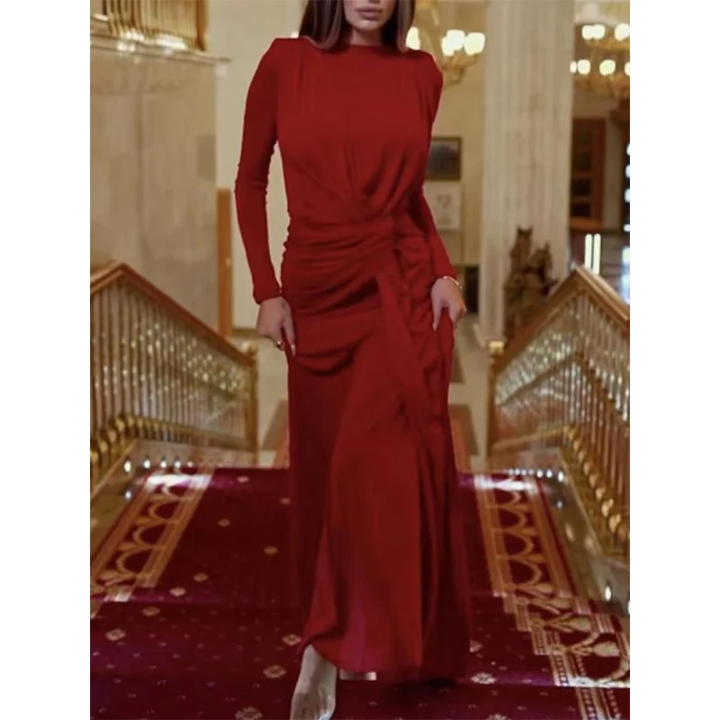 Freeacy Adult Female Solid Color Elegant Evening Dresses Round Neck Long Sleeves Lace-up Waist Peated Maxi Dress for Women
Freeacy Adult Female Solid Color Elegant Evening Dresses Round Neck Long Sleeves Lace-up Waist Peated Maxi Dress for Women