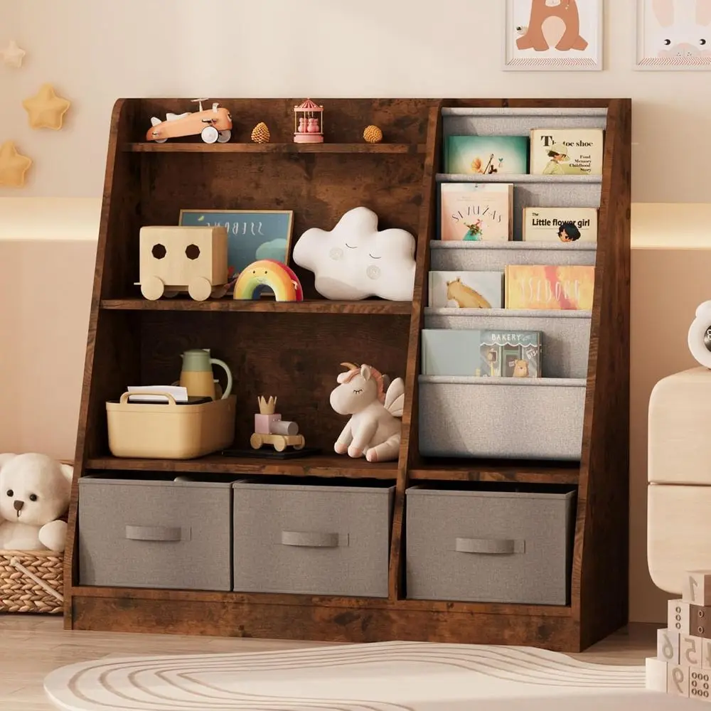 Wooden Toddler Bookshelf with Fabric Bin Storage for Kids Room and Playroom, Rustic Brown
Wooden Toddler Bookshelf with Fabric Bin Storage for Kids Room and Playroom, Rustic Brown
