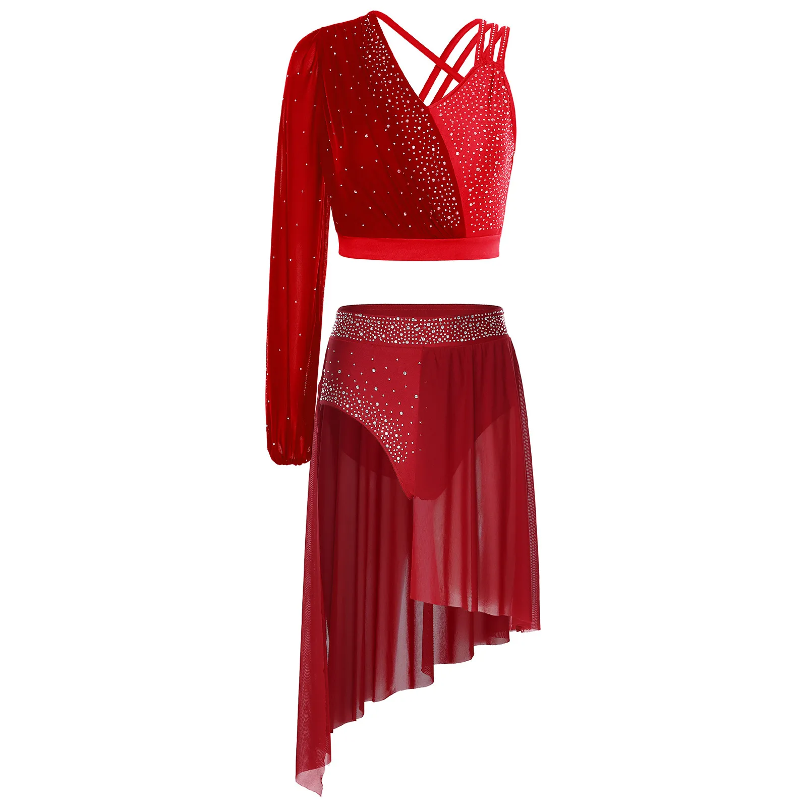 Womens Lyrical Dance Outfit Long Sleeve Strappy Back Crop Top And Irregular Hem Skirt Built-in Briefs for Modern Latin Dancewear 
Womens Lyrical Dance Outfit Long Sleeve Strappy Back Crop Top And Irregular Hem Skirt Built-in Briefs for Modern Latin Dancewear