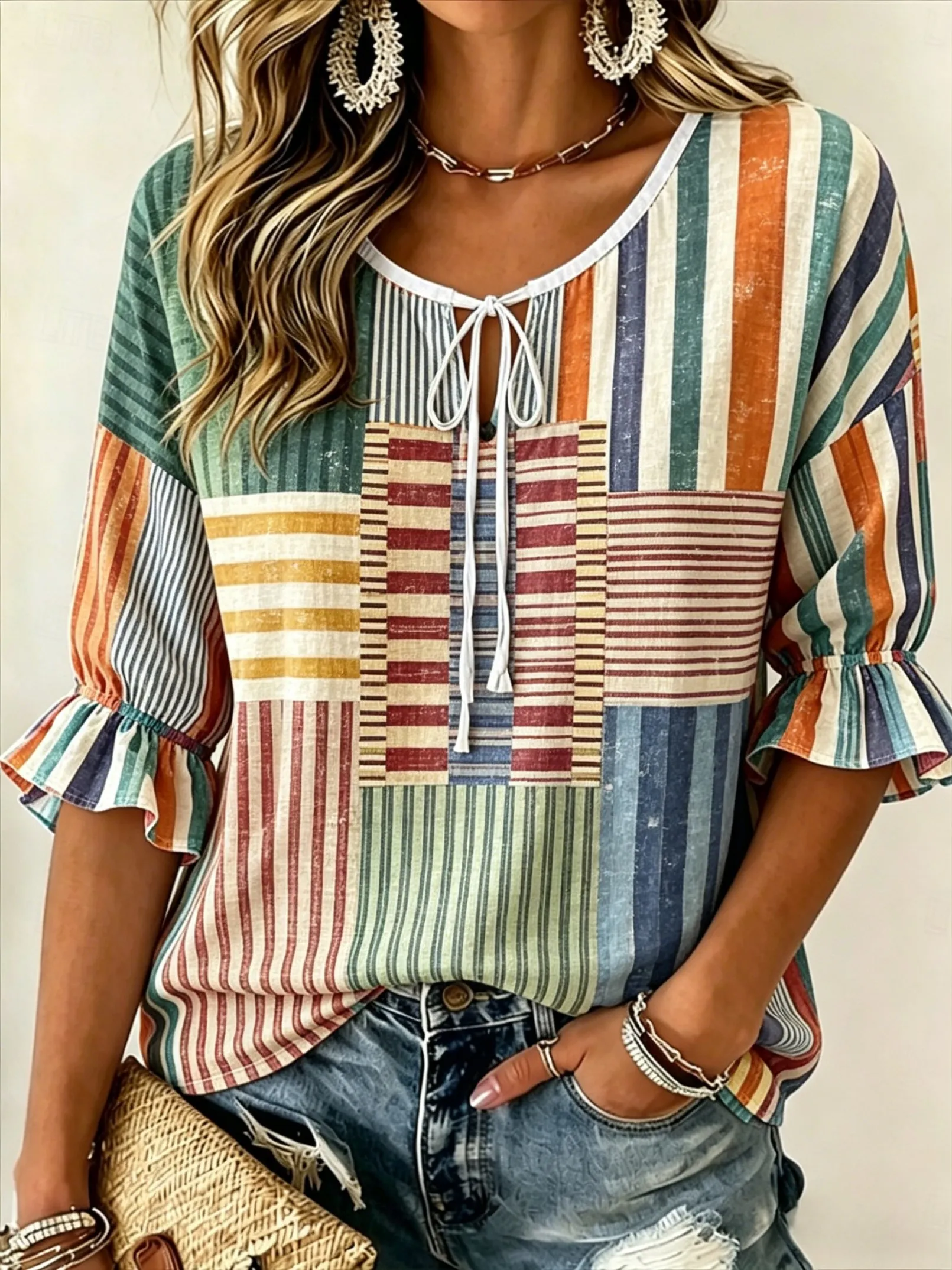 Women's Multicolor Patchwork Striped Print Tie Neck Blouse, Casual Loose Tops for Spring Summer Daily Wear & Vacation Occasions
Women's Multicolor Patchwork Striped Print Tie Neck Blouse, Casual Loose Tops for Spring Summer Daily Wear & Vacation Occasions