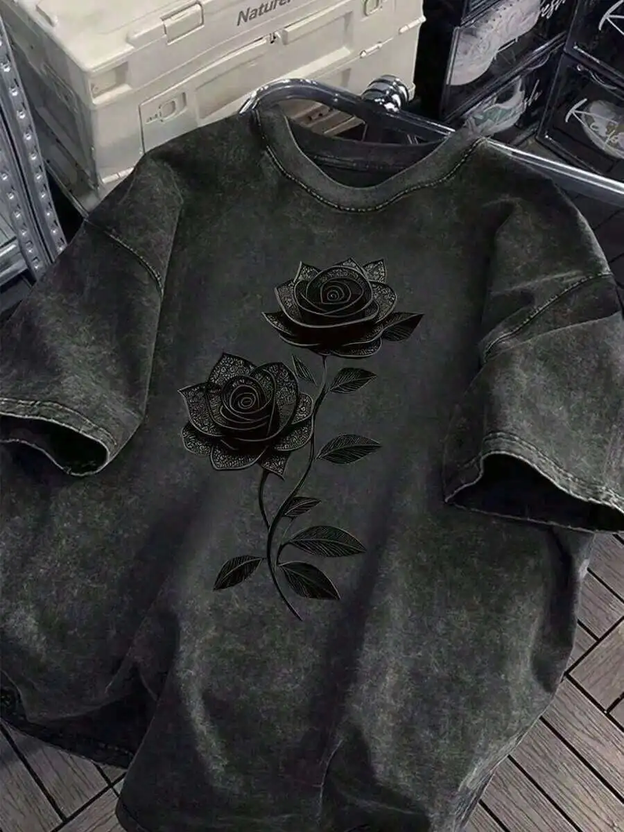 Vintage Washed Black Rose Print Oversized Cotton Tee Loose Fit Short Sleeve Casual T-Shirt
Vintage Washed Black Rose Print Oversized Cotton Tee Loose Fit Short Sleeve Casual T-Shirt