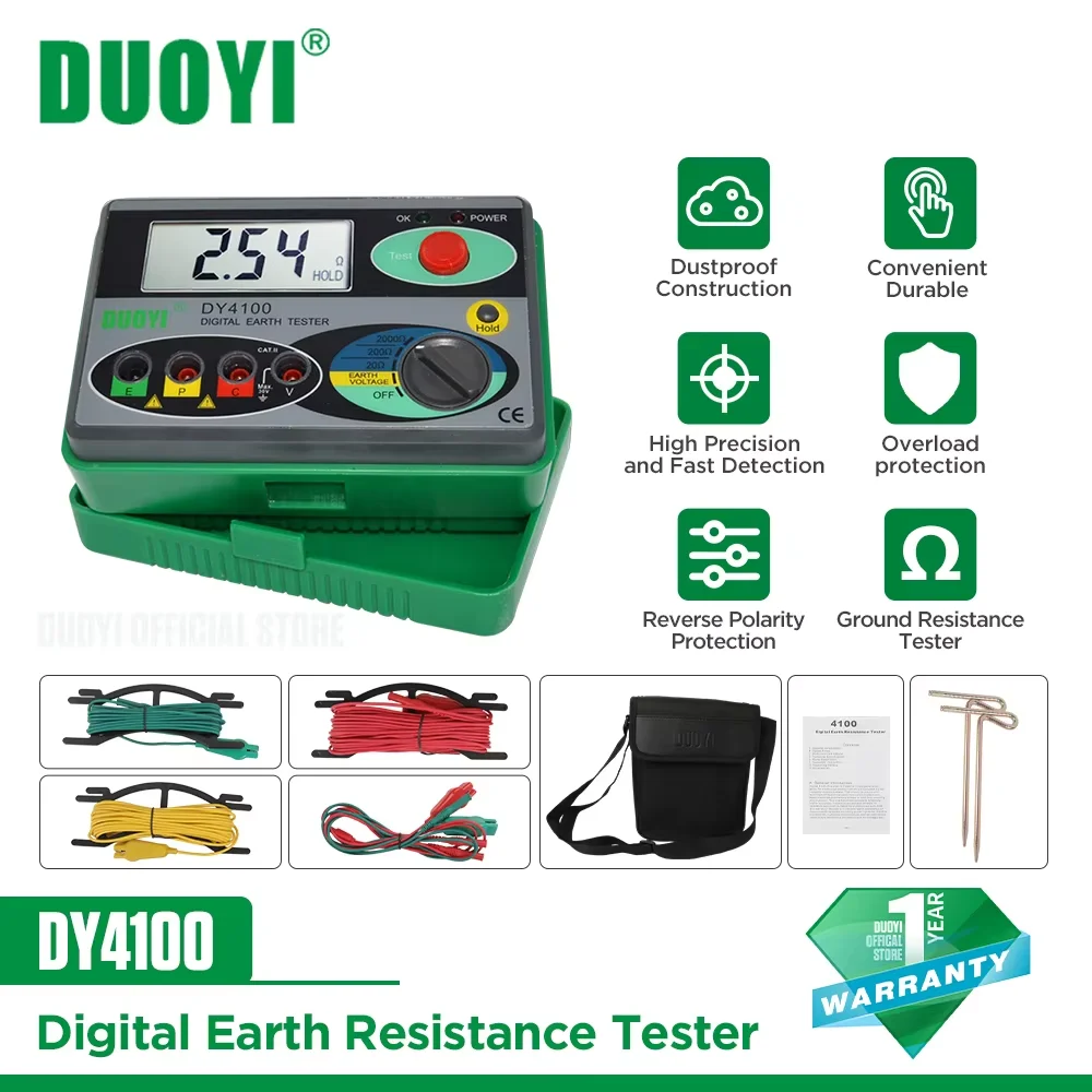 DUOYI DY4100 Portable Digital Earth Ground Resistance Meg-ohmmeter 0-2000 Ohm Electrician Instruments Inspection Tester Tool
DUOYI DY4100 Portable Digital Earth Ground Resistance Meg-ohmmeter 0-2000 Ohm Electrician Instruments Inspection Tester Tool