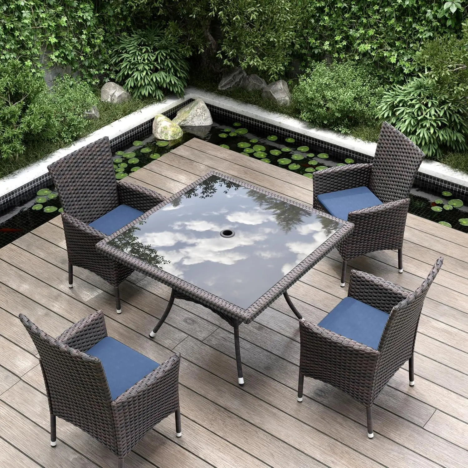Kurapika 5-Piece Patio Furniture Set, Wicker Rattan Dining Table with Umbrella Hole and 4 Chairs, Navy Blue.
Kurapika 5-Piece Patio Furniture Set, Wicker Rattan Dining Table with Umbrella Hole and 4 Chairs, Navy Blue.