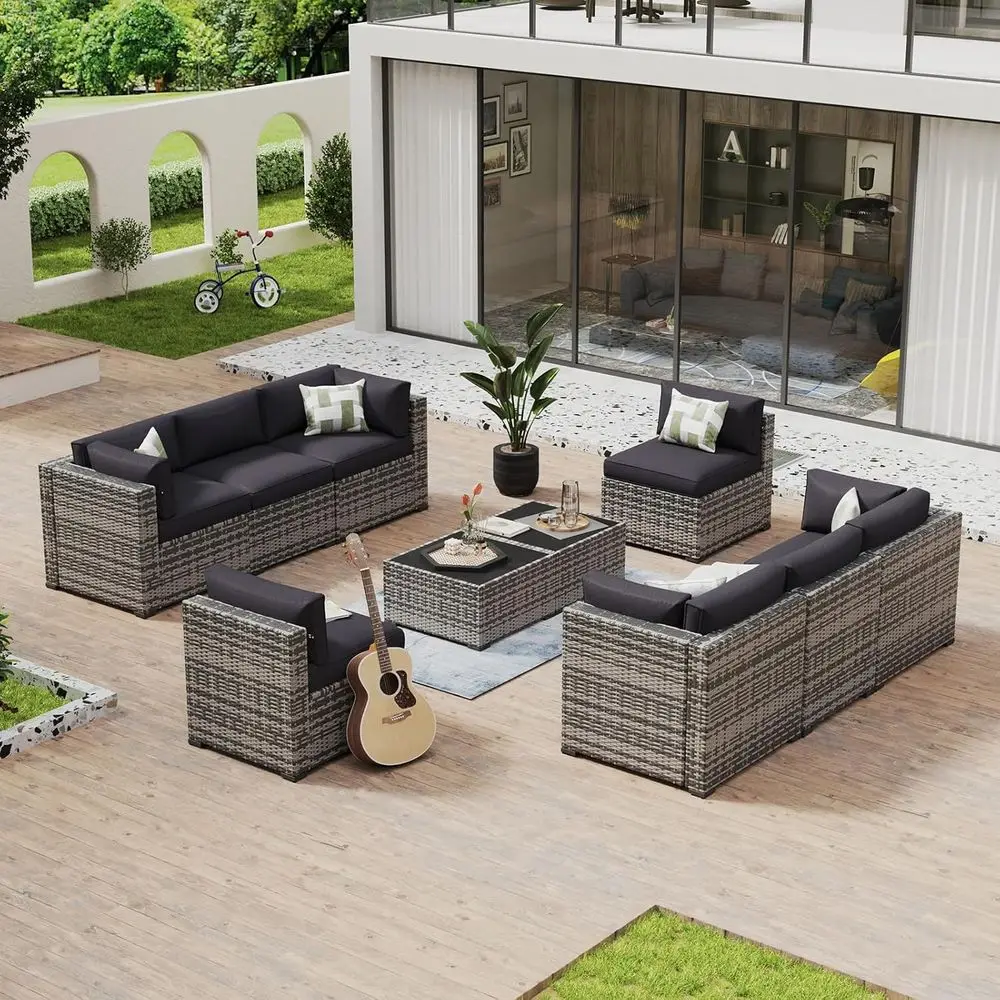 10-Piece Outdoor Wicker Patio Furniture Set with Sectional Sofa, Coffee Table, and Waterproof Cushions in Gray/Black
10-Piece Outdoor Wicker Patio Furniture Set with Sectional Sofa, Coffee Table, and Waterproof Cushions in Gray/Black