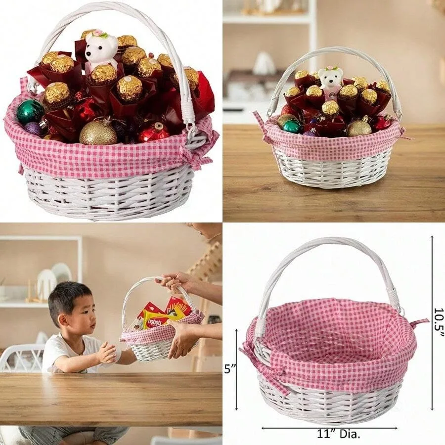 Traditional White Round Willow Gift Basket With Pink And White Gingham Liner And Sturdy Foldable Handles Food Snacks Storage Ba
Traditional White Round Willow Gift Basket With Pink And White Gingham Liner And Sturdy Foldable Handles Food Snacks Storage Ba