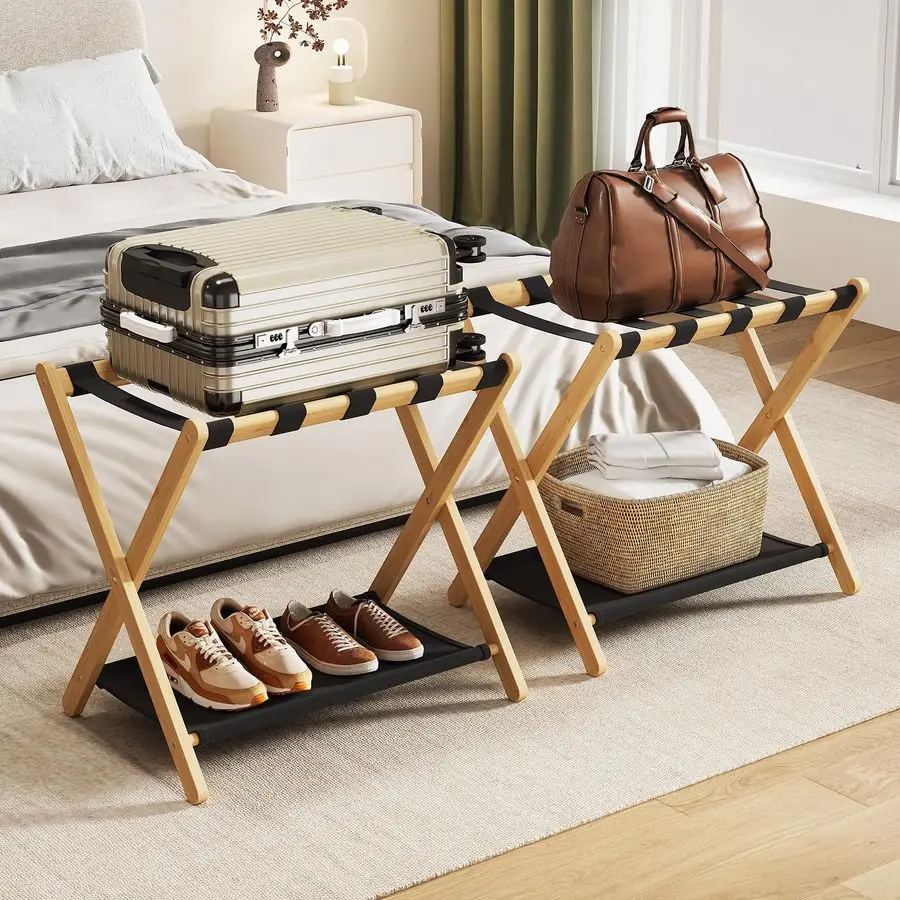 Assembled Luggage Racks Pack of 2, Bamboo Natural Foldable Luggage Rack for Guest Room, Suitcase Stand with Fabric Storage Shelf
Assembled Luggage Racks Pack of 2, Bamboo Natural Foldable Luggage Rack for Guest Room, Suitcase Stand with Fabric Storage Shelf