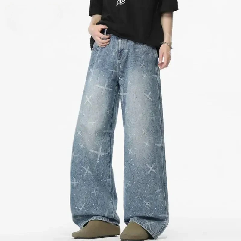 Streetwear Heat-melting Rhinestone Men's Washed Jeans Light Blue Rhinestone Trousers Loose Wide Leg Casual Denim Pants
Streetwear Heat-melting Rhinestone Men's Washed Jeans Light Blue Rhinestone Trousers Loose Wide Leg Casual Denim Pants