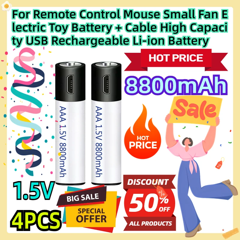 For Remote Control Mouse Small Fan Electric Toy Battery + Cable High Capacity 1.5V AAA8800 MAh USB Rechargeable Li-ion Battery
For Remote Control Mouse Small Fan Electric Toy Battery + Cable High Capacity 1.5V AAA8800 MAh USB Rechargeable Li-ion Battery