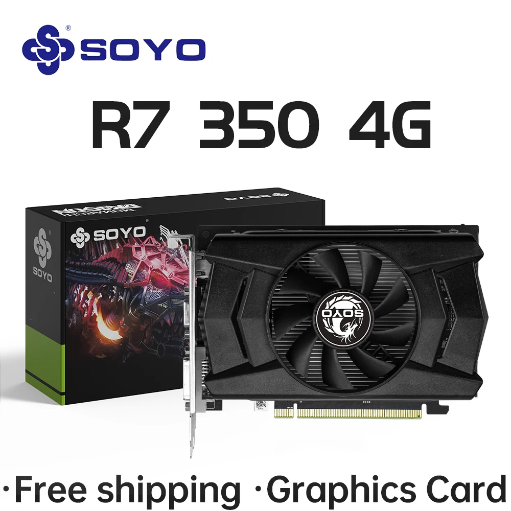 Видеокарты SOYO R7 350 4G DDR5, 128 бит, совместимость с HDMI + DP + DVI для настольных игровых компьютерных компонентов, видеокарта с графическим процессором
Видеокарты SOYO R7 350 4G DDR5, 128 бит, совместимость с HDMI + DP + DVI для настольных игровых компьютерных компонентов, видеокарта с графическим процессором