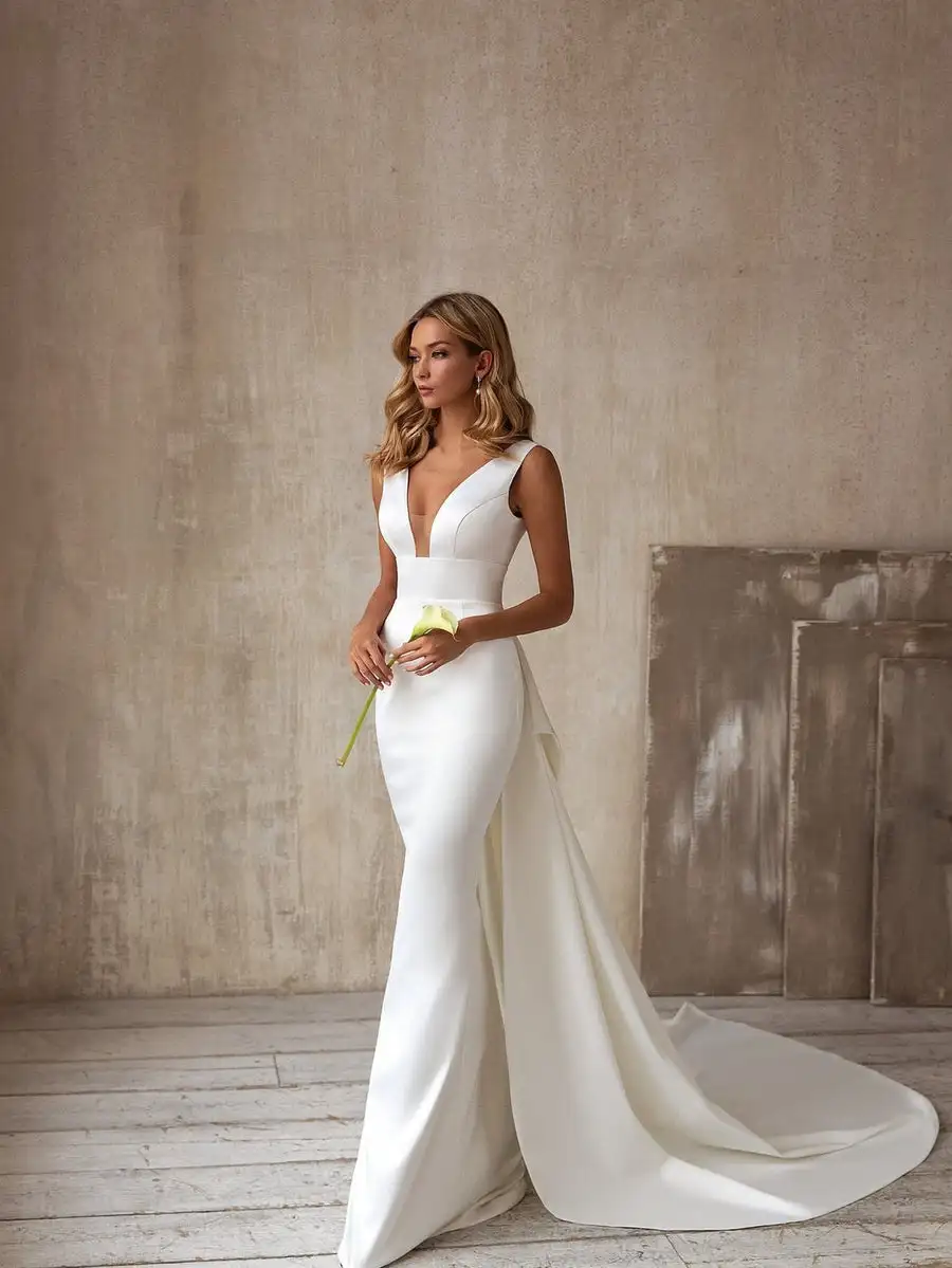 Mermaid Long Wedding Dress with Bow Slim Sleeveless Satin V Neck Bride Gowns Special Occasion Bridal Dresses Custom made
Mermaid Long Wedding Dress with Bow Slim Sleeveless Satin V Neck Bride Gowns Special Occasion Bridal Dresses Custom made