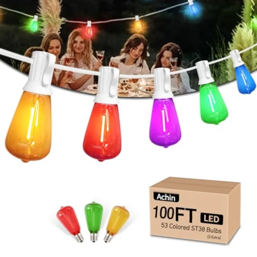 Colored Outdoor String Lights White Cord - 100Feet Multicolor Patio Lights with 50+3 LED ST38 Bulbs Shatterproof Colorful Strin
Colored Outdoor String Lights White Cord - 100Feet Multicolor Patio Lights with 50+3 LED ST38 Bulbs Shatterproof Colorful Strin